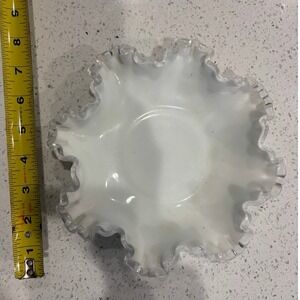 Fenton Silver Crest Milk Glass Ruffled Bowl Vintage White Clear Rim 8.5 Inch